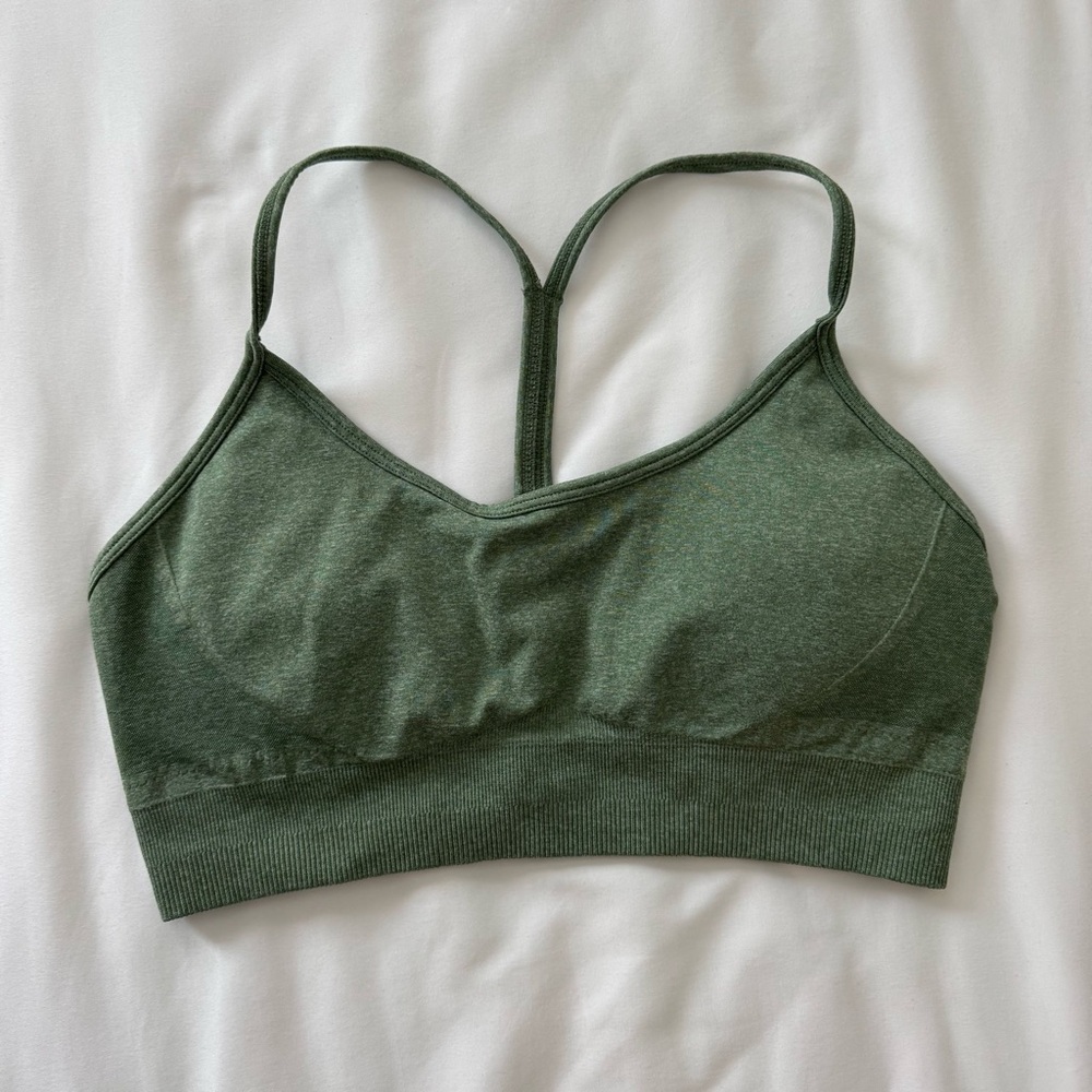 AYBL Empower Seamless Olive Marl Sports Bra, Shorts, and Leggings